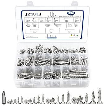 530Pcs Stainless Steel Wood Screws Set #4#6#8#10#12 Phillips Flat Head Sheet Metal Screw Self Tapping Screws Assortment Kit, Length 1/4" to 2"