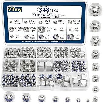 SAE & Metric Nylon Insert Lock Nuts Kit(348Pcs),6#32 8#32 10#24 10#32 1/4-20 5/16-18 3/8-16 1/2-13 M3 M4 M5 M6 M8 M10 M12 304 Stainless Steel Locknuts Sets
