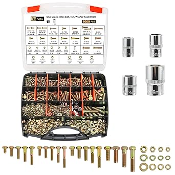 1000PCS Grade 8 Bolt Assortment Kit, Heavy Duty Bolts and Nuts Kit, 1/4-20 5/16-18 3/8-16 1/2-13 SAE Grade 8 Alloy Steel Hex Cap Screws Nuts Washers, Comes with 4 Bits（Yellow Zinc Plated）